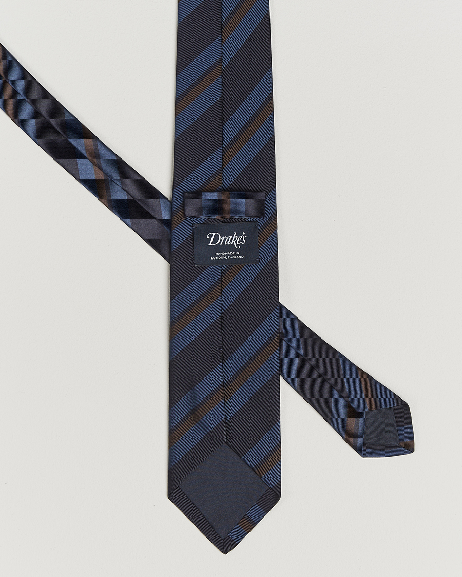 Hombres | Drake's Stripe Mogador Silk/Cotton Tie Navy/Brown | Drake's | Stripe Mogador Silk/Cotton Tie Navy/Brown