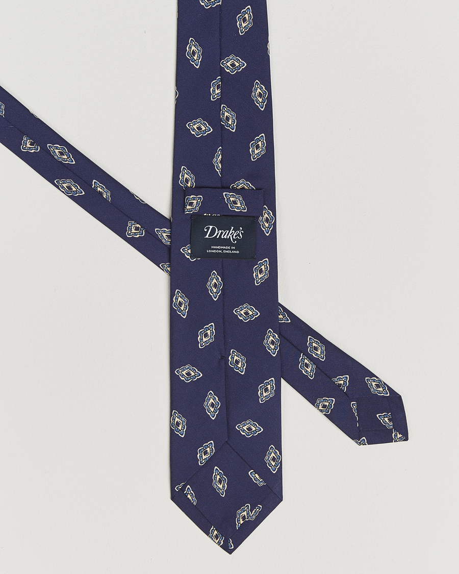 Hombres | Drake's Diamond Petals Habotai Silk Tie Navy | Drake's | Diamond Petals Habotai Silk Tie Navy