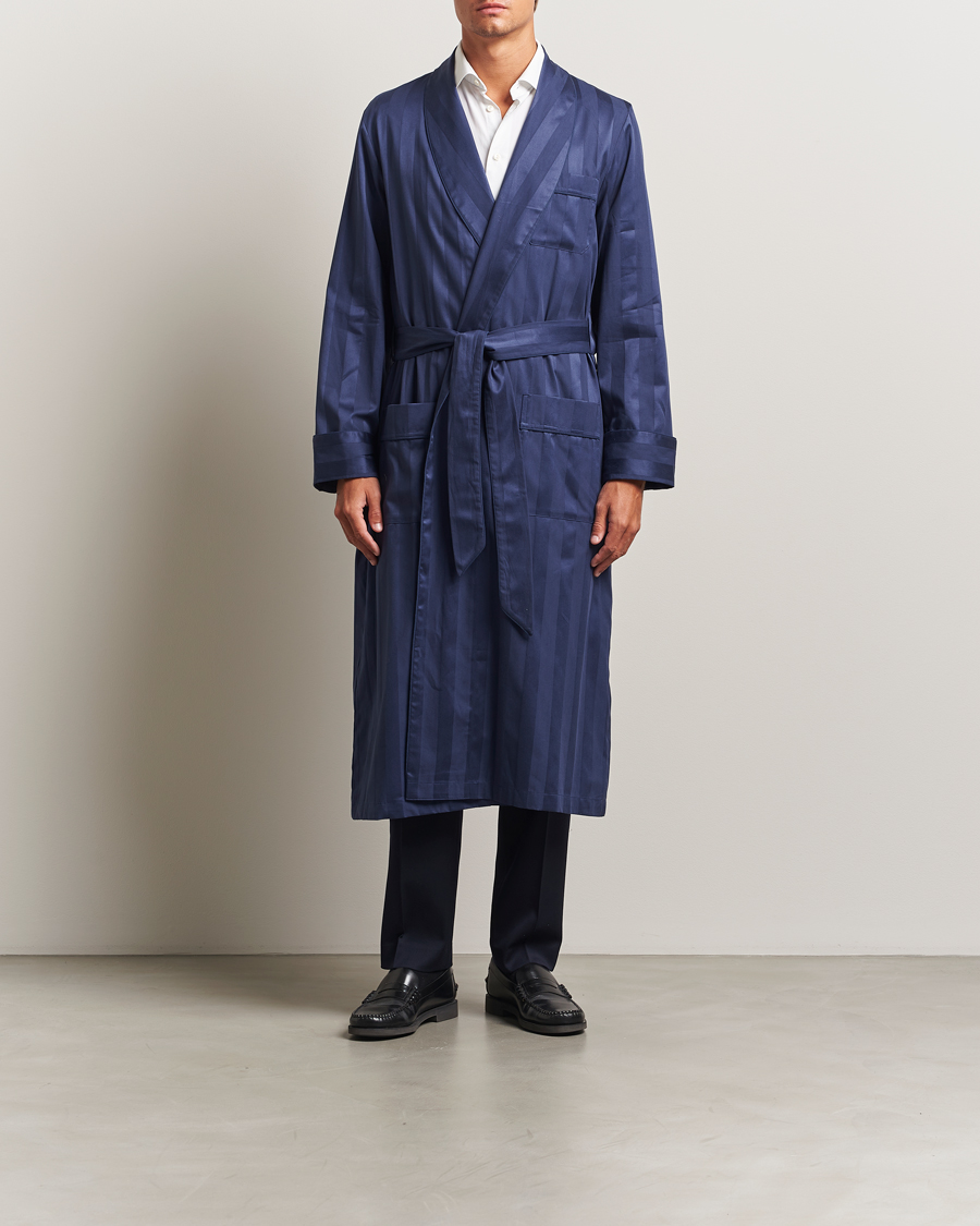 Hombres | Pijamas y batas | Derek Rose | Striped Cotton Dressing Gown Navy