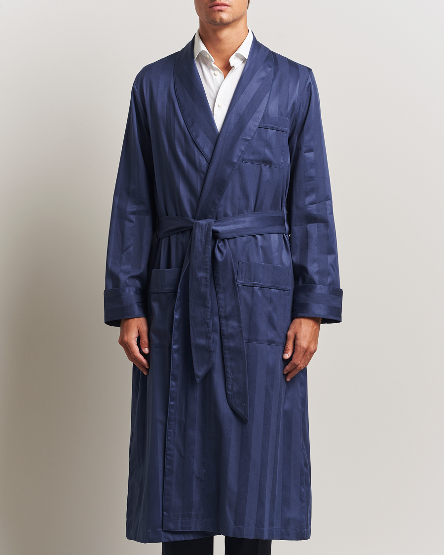 Hombres | Pijamas y batas | Derek Rose | Striped Cotton Dressing Gown Navy