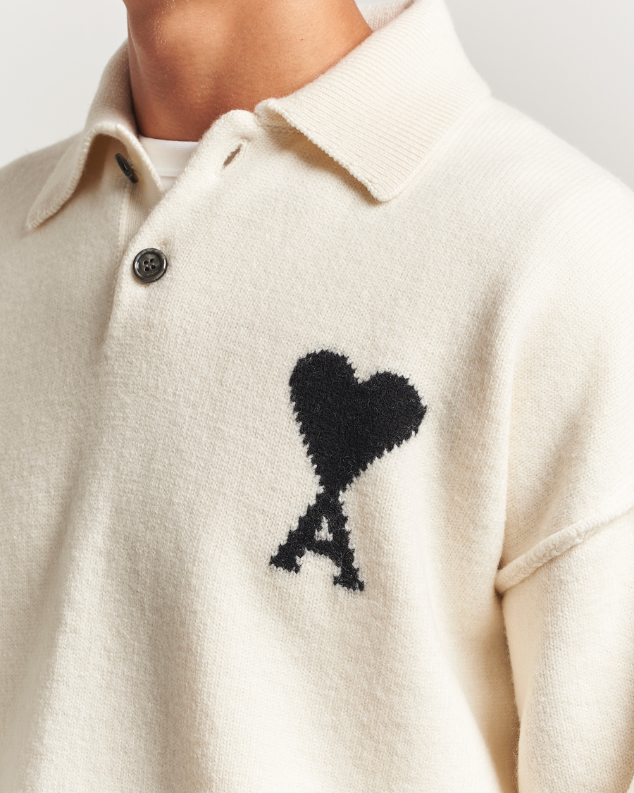 Hombres | Jerséis y prendas de punto | AMI | Big Heart Logo Wool Knitted Polo Ecru
