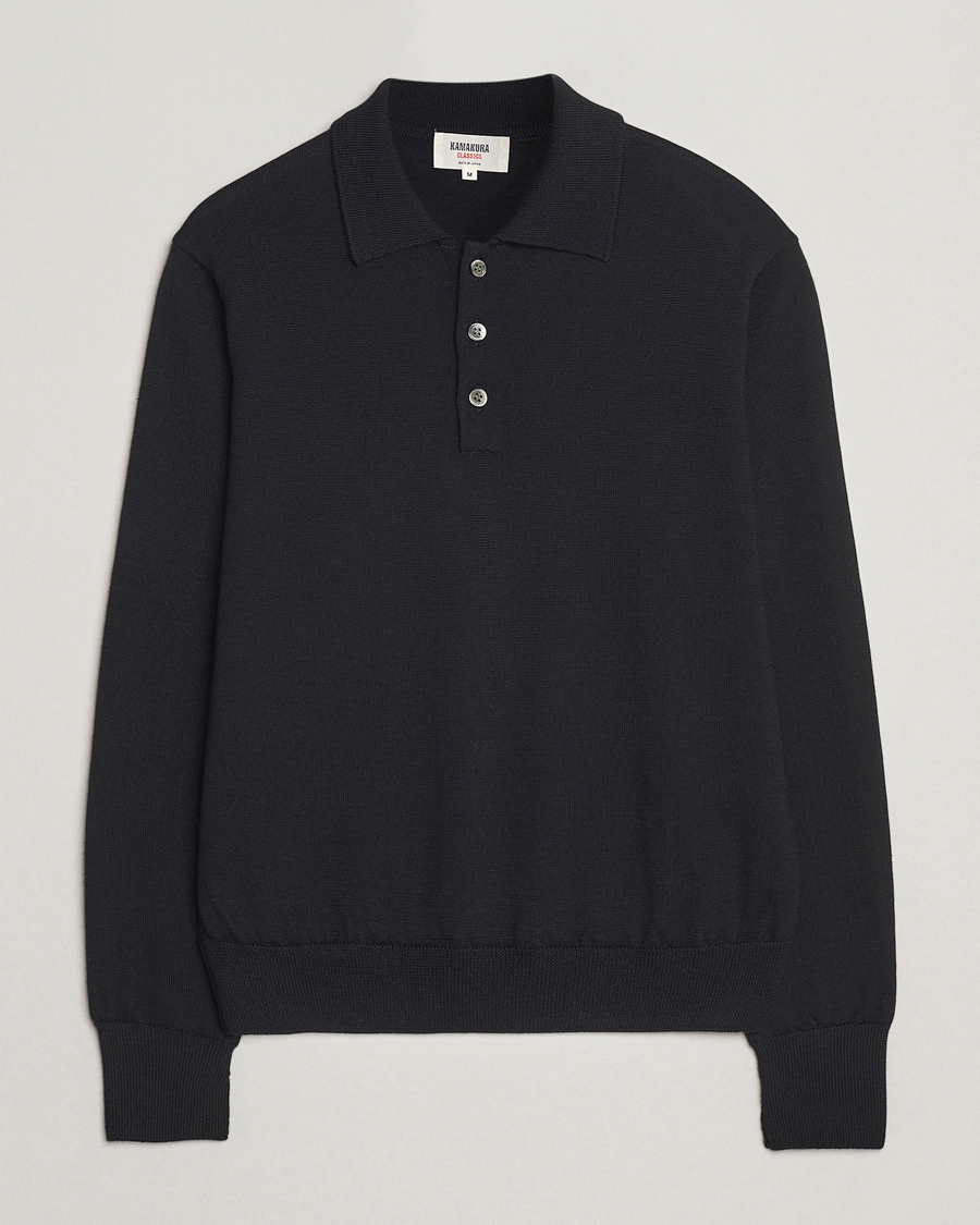 Hombres | Jerséis y prendas de punto | Kamakura Shirts | Long Sleeve Knitted Polo Black