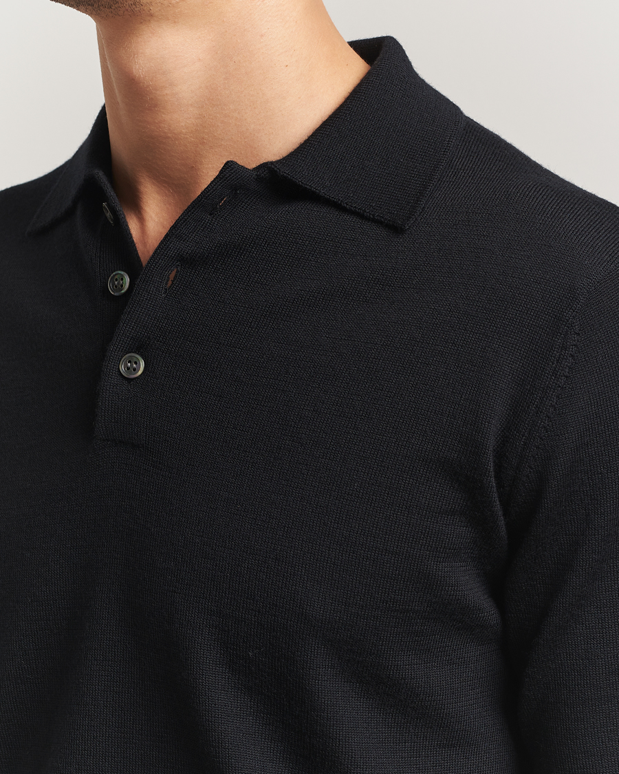 Hombres | Jerséis y prendas de punto | Kamakura Shirts | Long Sleeve Knitted Polo Black