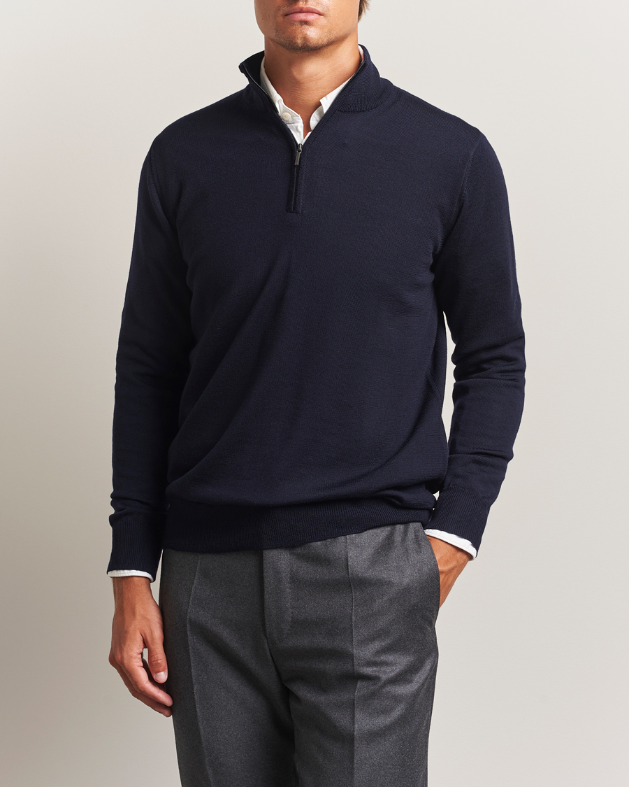 Hombres | Jerséis y prendas de punto | Morgano | Extra Fine Merino Wool Half-Zip Navy