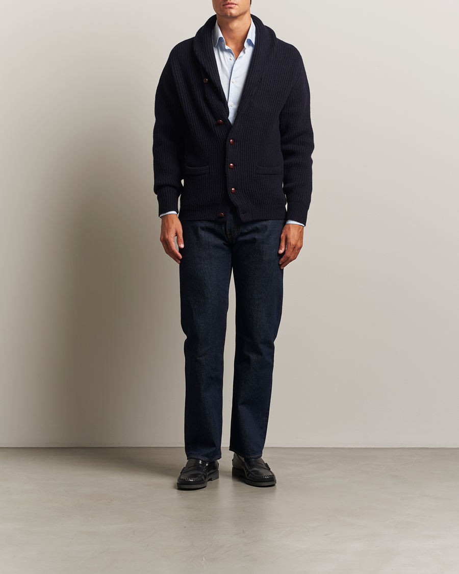Hombres | Jerséis y prendas de punto | William Lockie | Windsor Geelong Lambswool Shawl Cardigan Navy