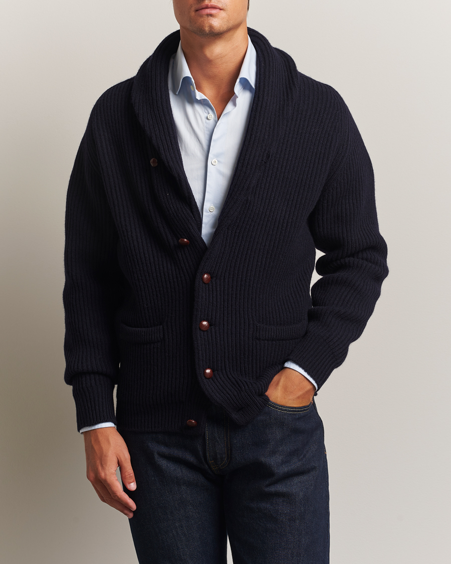 Hombres | Jerséis y prendas de punto | William Lockie | Windsor Geelong Lambswool Shawl Cardigan Navy