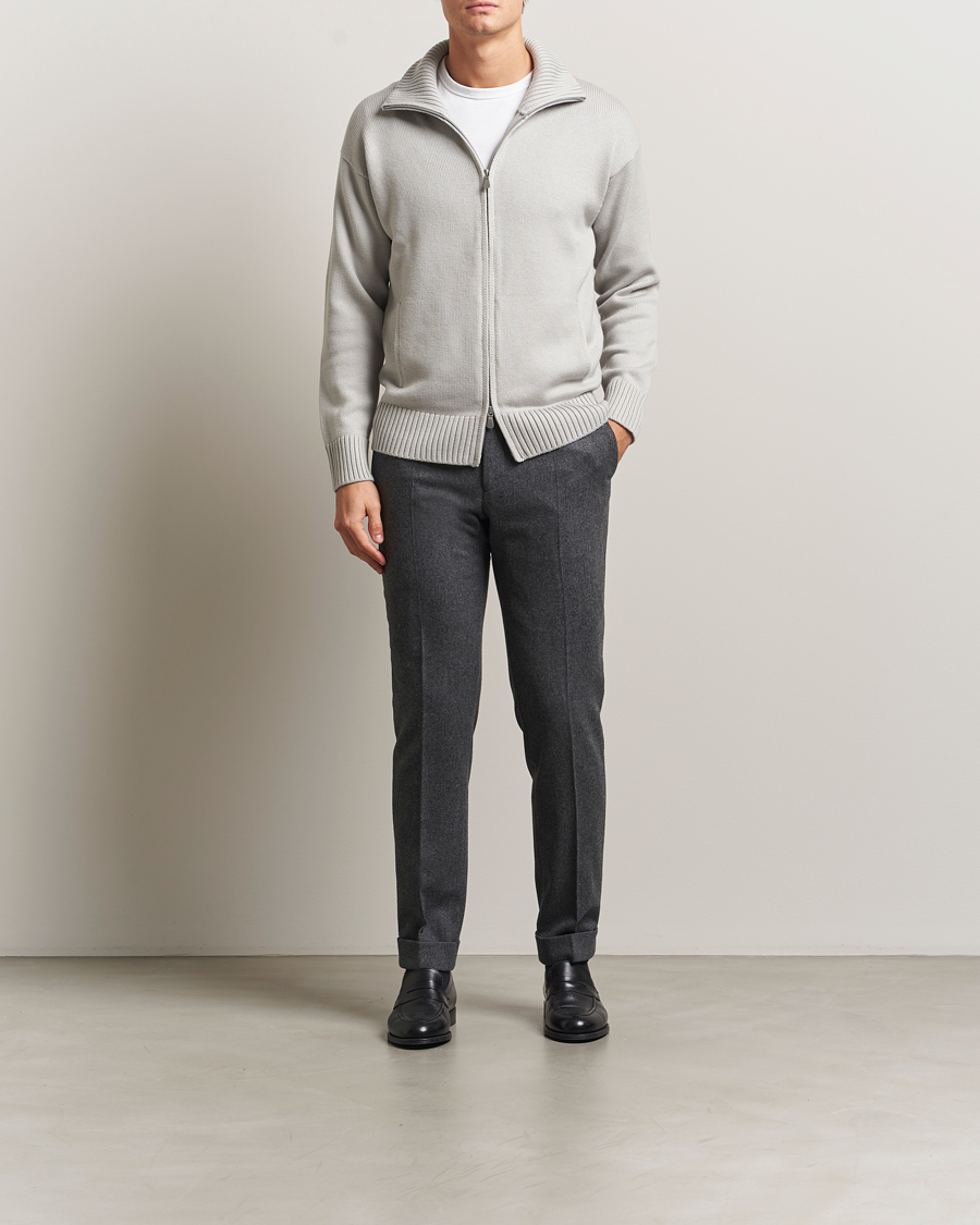Hombres | Jerséis y prendas de punto | Gran Sasso | Heavy Knitted Merino Full Zip Light Grey Melange