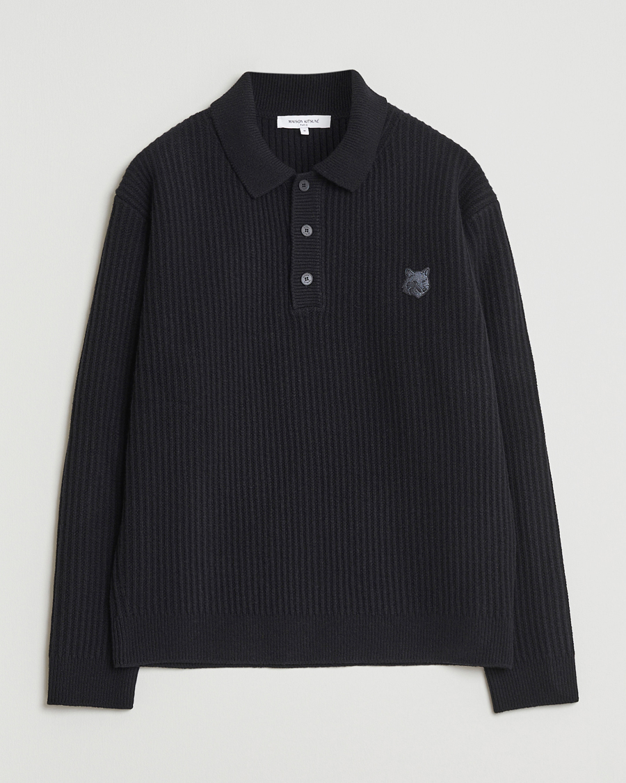 Hombres | Jerséis y prendas de punto | Maison Kitsuné | Tonal Fox Head Wool Ribbed Polo Black