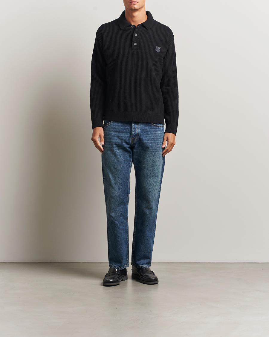 Hombres | Jerséis y prendas de punto | Maison Kitsuné | Tonal Fox Head Wool Ribbed Polo Black