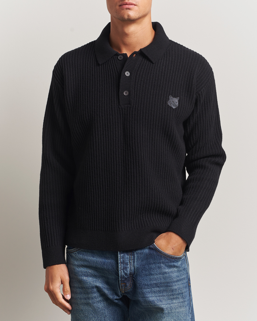 Hombres | Jerséis y prendas de punto | Maison Kitsuné | Tonal Fox Head Wool Ribbed Polo Black
