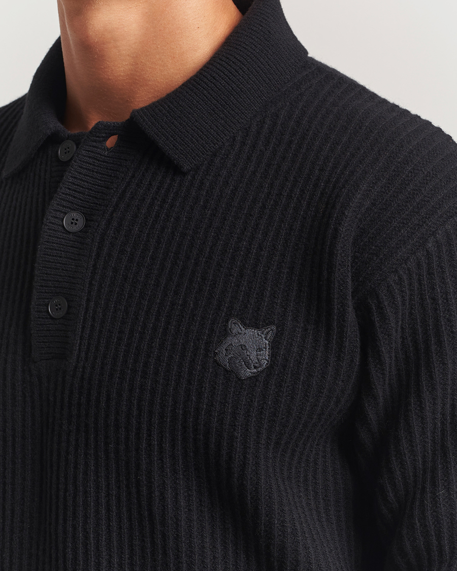 Hombres | Jerséis y prendas de punto | Maison Kitsuné | Tonal Fox Head Wool Ribbed Polo Black