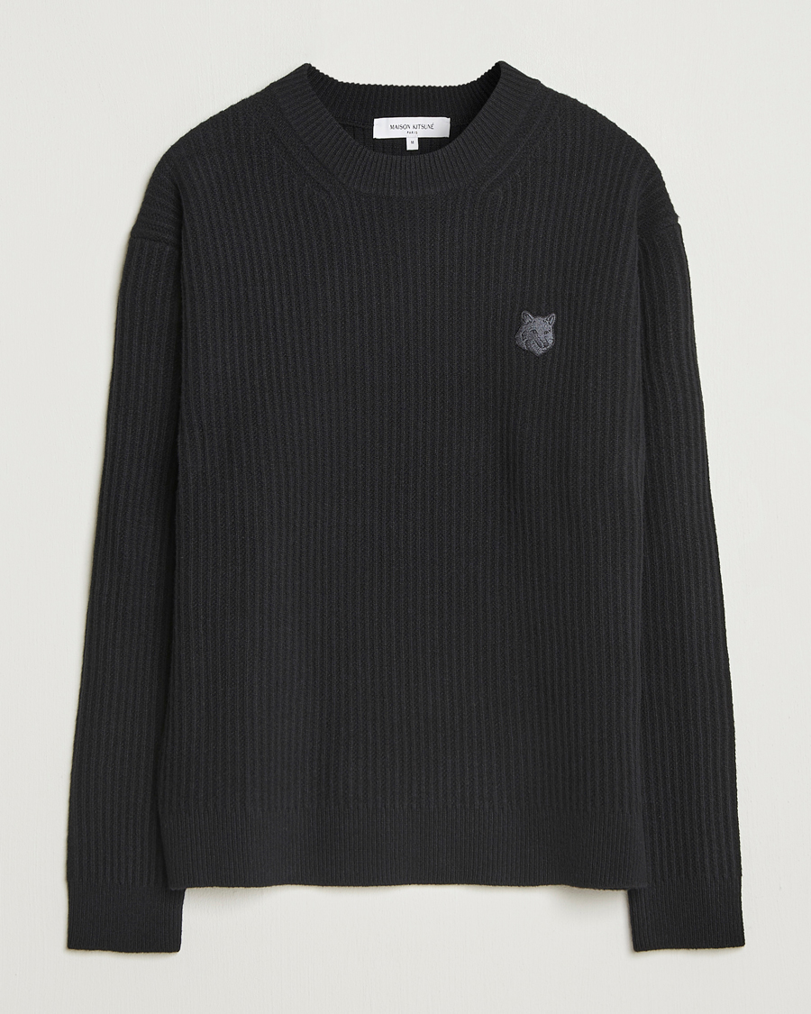 Hombres | Jerséis y prendas de punto | Maison Kitsuné | Tonal Fox Head Wool Ribbed Sweater Black