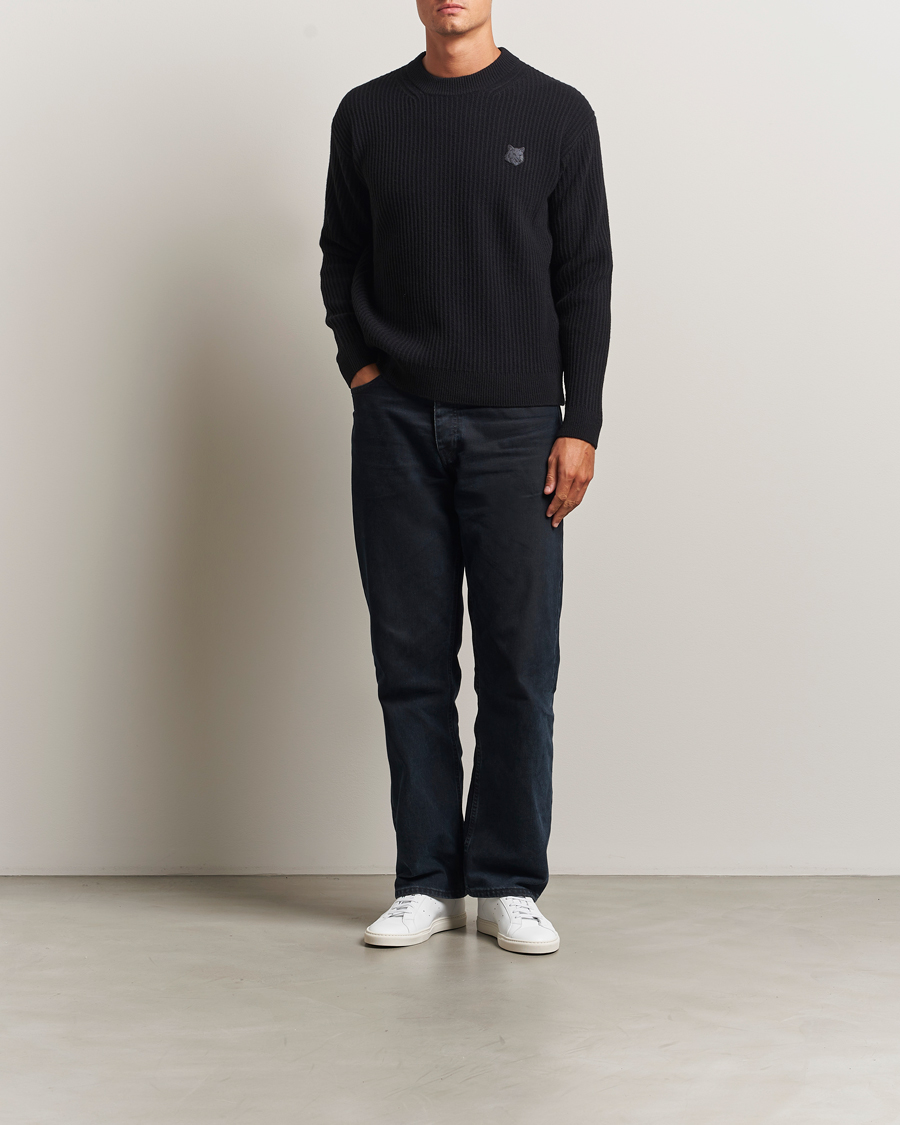 Hombres | Jerséis y prendas de punto | Maison Kitsuné | Tonal Fox Head Wool Ribbed Sweater Black