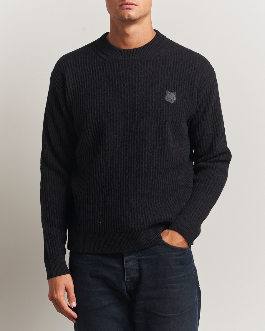 Hombres | Jerséis y prendas de punto | Maison Kitsuné | Tonal Fox Head Wool Ribbed Sweater Black