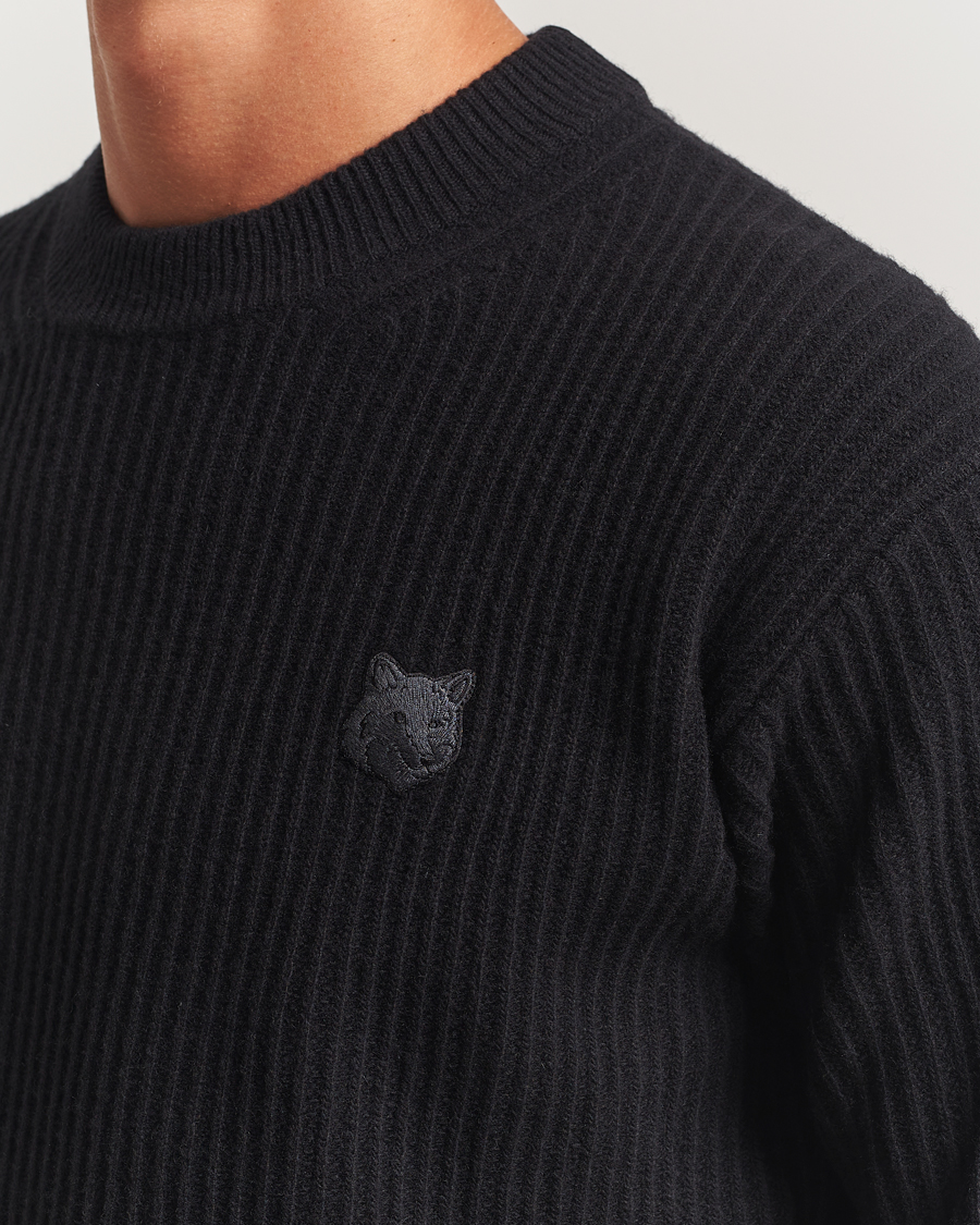 Hombres | Jerséis y prendas de punto | Maison Kitsuné | Tonal Fox Head Wool Ribbed Sweater Black