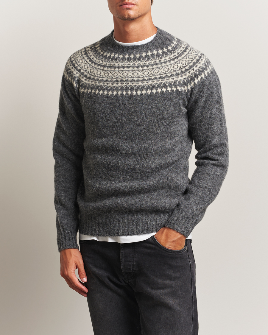 Hombres | Jerséis y prendas de punto | Harley Of Scotland | Brushed Supersoft Lambswool Yolk Fairisle Grey