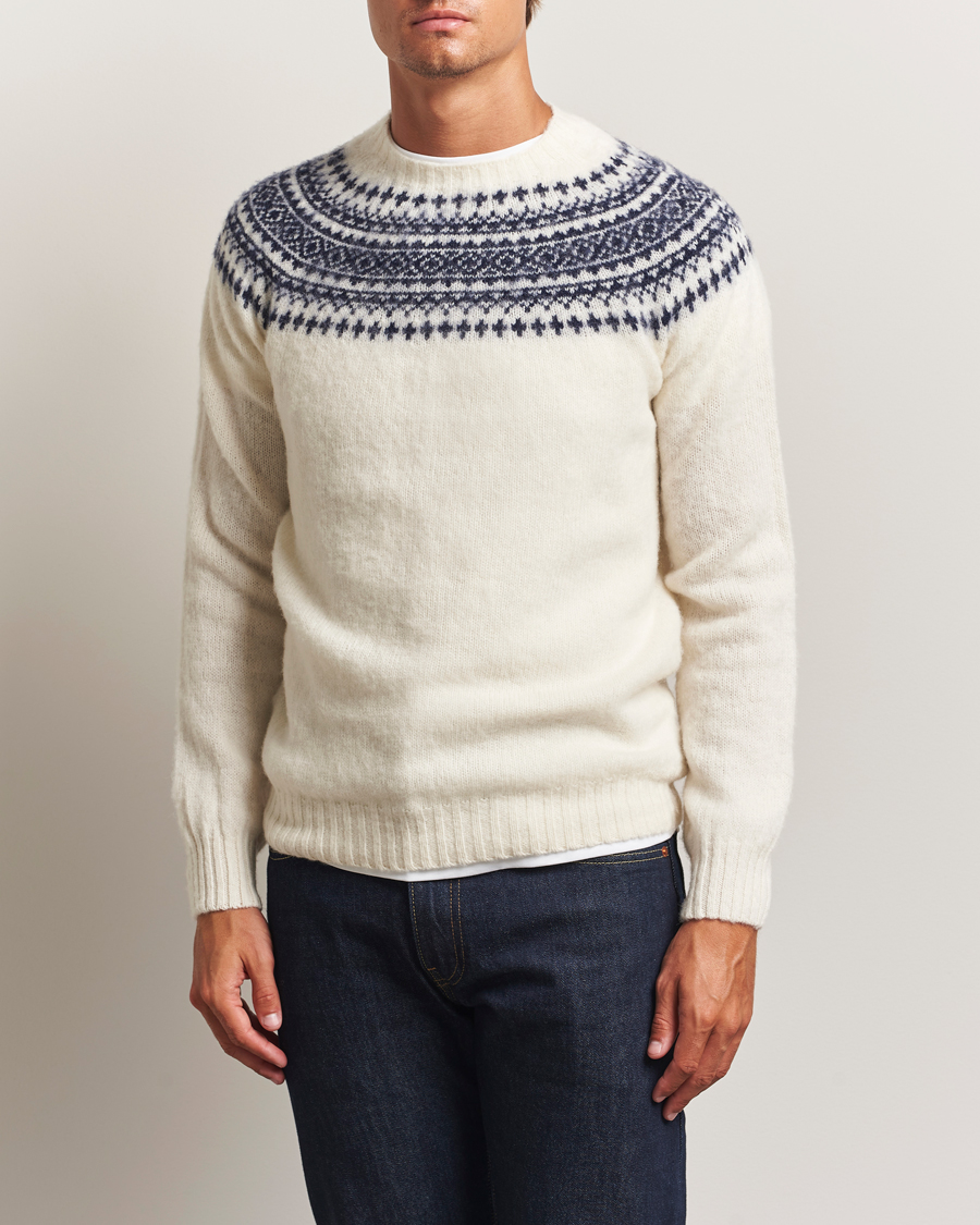 Hombres | Jerséis y prendas de punto | Harley Of Scotland | Brushed Supersoft Lambswool Yolk Fairisle White