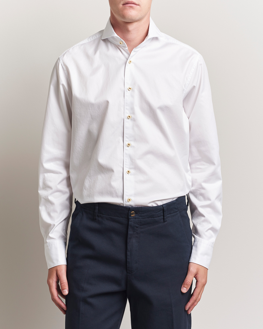 Hombres | Camisas | Stenströms | Regular Fit Washed Cotton Plain Shirt White