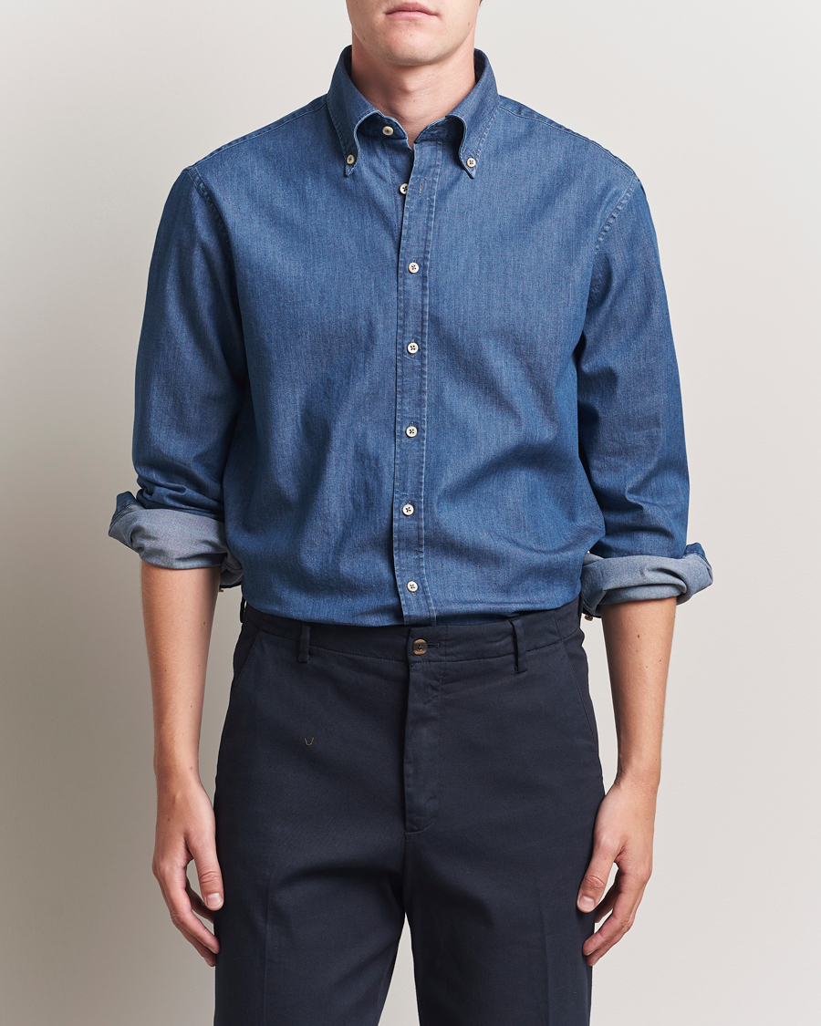 Hombres | Camisas | Stenströms | Regular Fit Button Down Garment Washed Shirt Denim