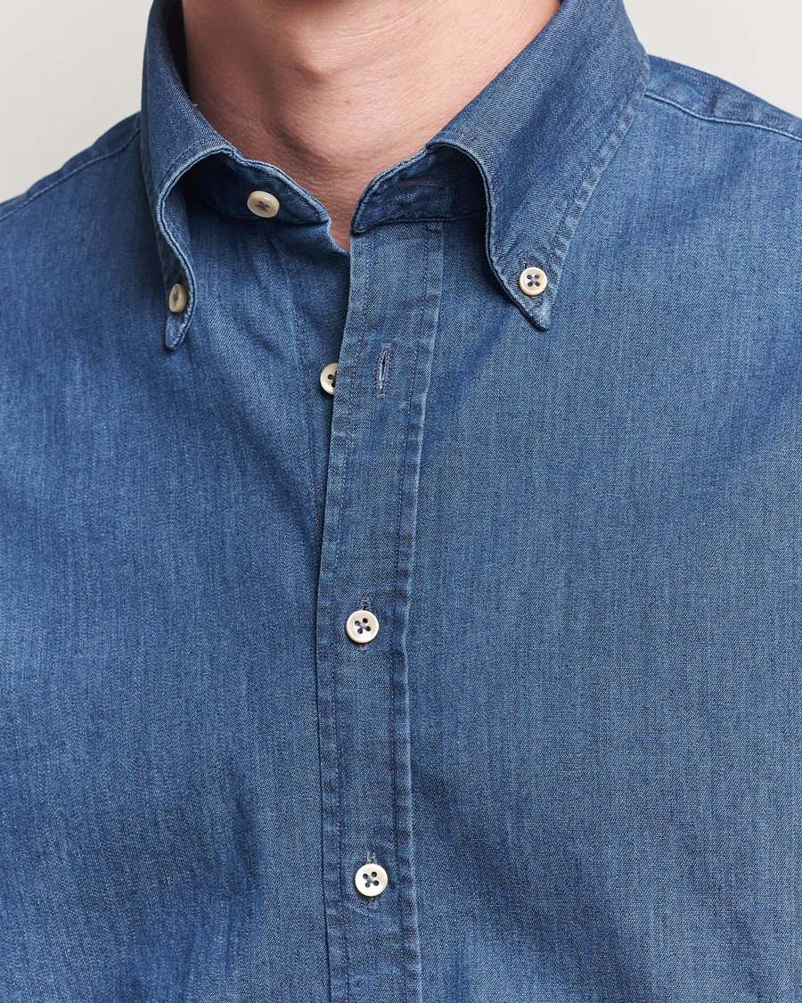 Hombres | Camisas | Stenströms | Regular Fit Button Down Garment Washed Shirt Denim