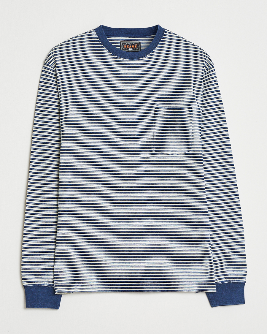 Hombres | Camisetas | BEAMS PLUS | Indigo Stripe Long Sleeve T-Shirt White/Navy