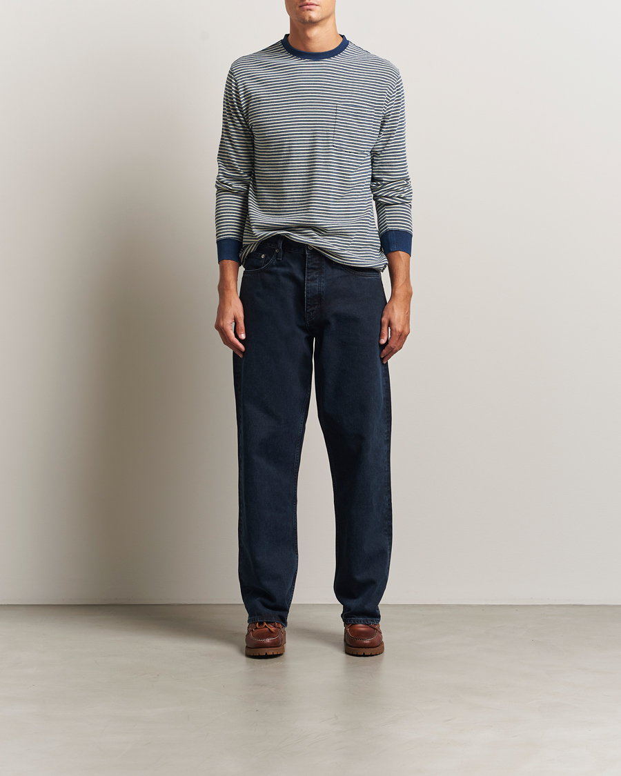 Hombres | Camisetas | BEAMS PLUS | Indigo Stripe Long Sleeve T-Shirt White/Navy