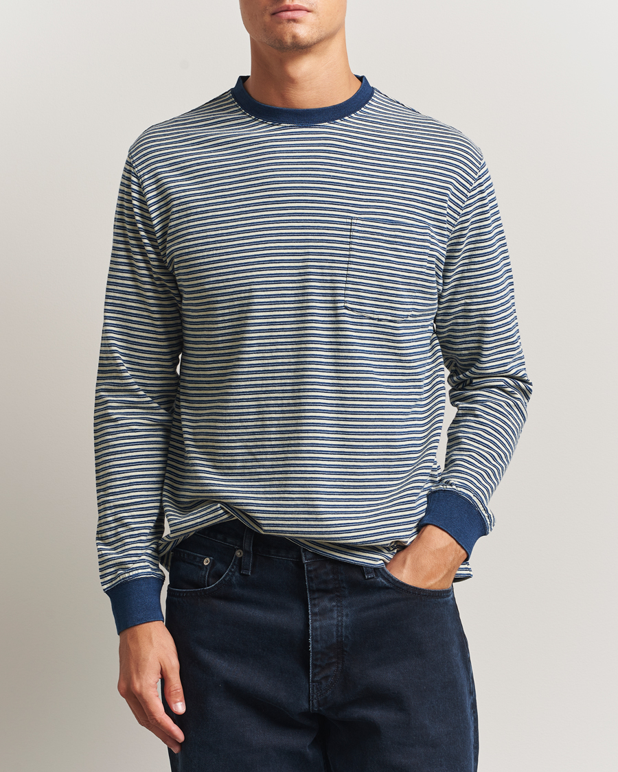 Hombres | Camisetas | BEAMS PLUS | Indigo Stripe Long Sleeve T-Shirt White/Navy