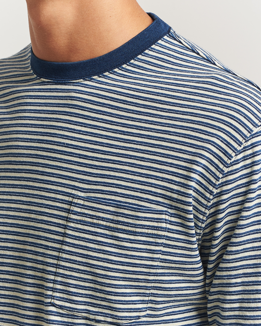 Hombres | Camisetas | BEAMS PLUS | Indigo Stripe Long Sleeve T-Shirt White/Navy