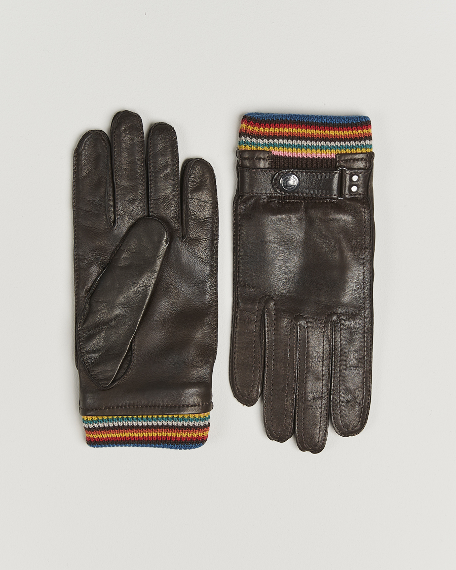 Hombres | Guantes | Paul Smith | Signature Stripe Cuff Leather Glove Dark Brown
