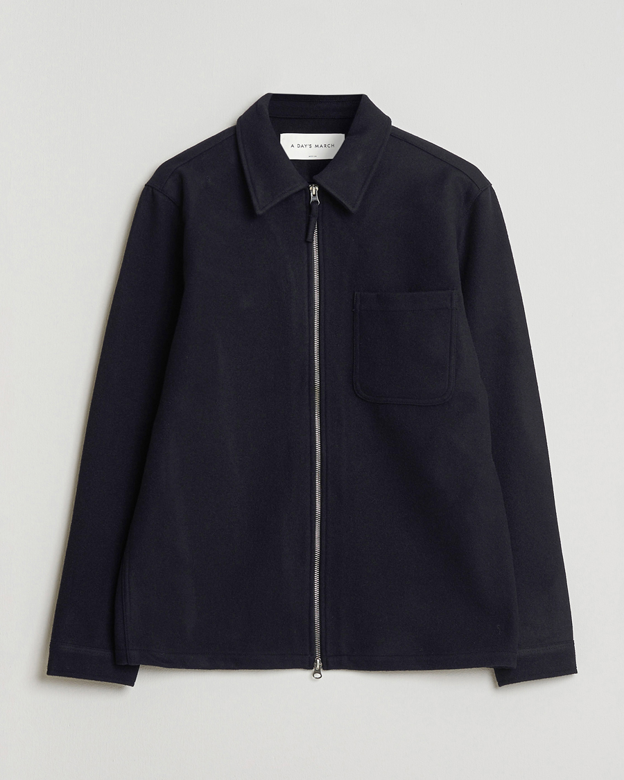 Hombres | Camisas | A Day's March | Fraser Wool Zip Overshirt Navy
