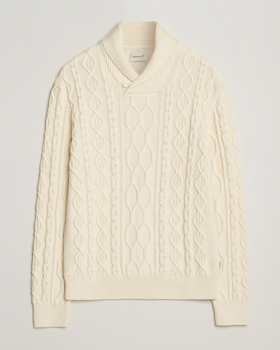 Hombres | Jerséis y prendas de punto | GANT | Cable Shawl Collar Knitted Sweater Cream