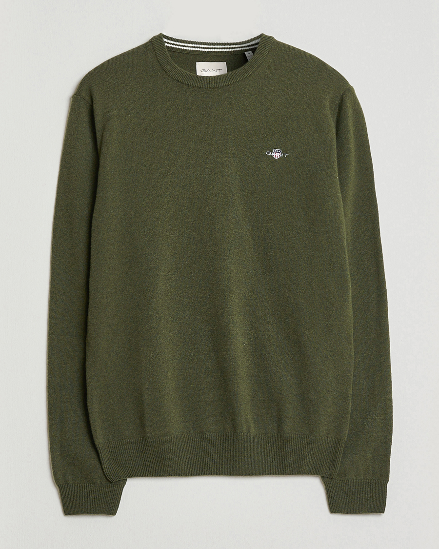 Hombres | Jerséis y prendas de punto | Gant | Superfine Lambswool Crew Neck Khaki Green Melange