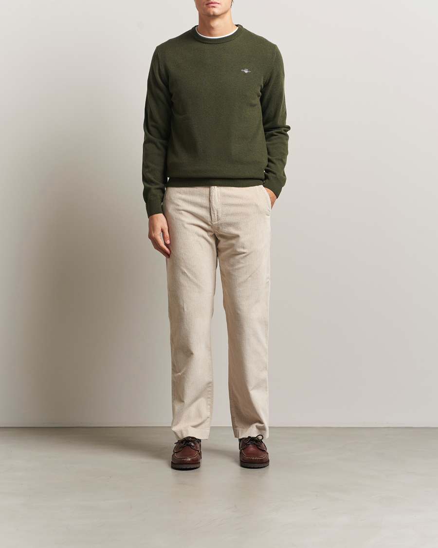 Hombres | Jerséis y prendas de punto | Gant | Superfine Lambswool Crew Neck Khaki Green Melange