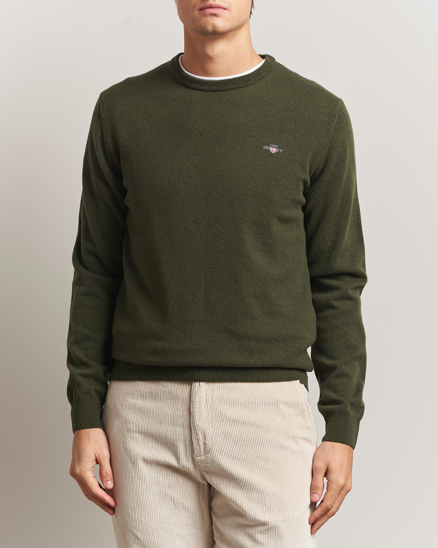Hombres | Jerséis y prendas de punto | Gant | Superfine Lambswool Crew Neck Khaki Green Melange