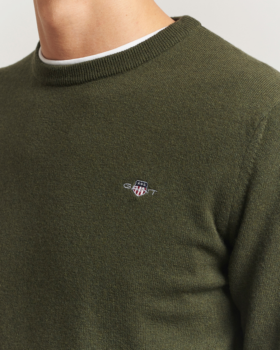 Hombres | Jerséis y prendas de punto | Gant | Superfine Lambswool Crew Neck Khaki Green Melange