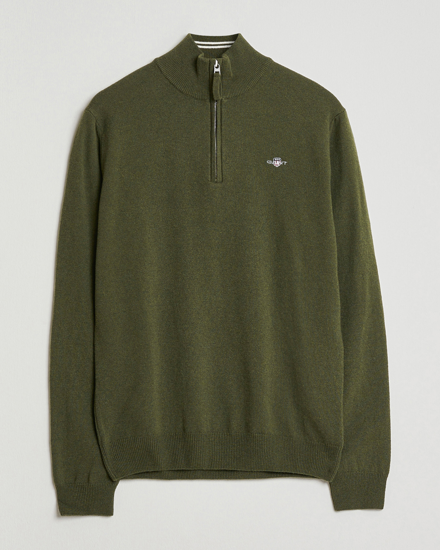 Hombres | Jerséis y prendas de punto | GANT | Superfine Lambswool Half Zip Khaki Green Melange