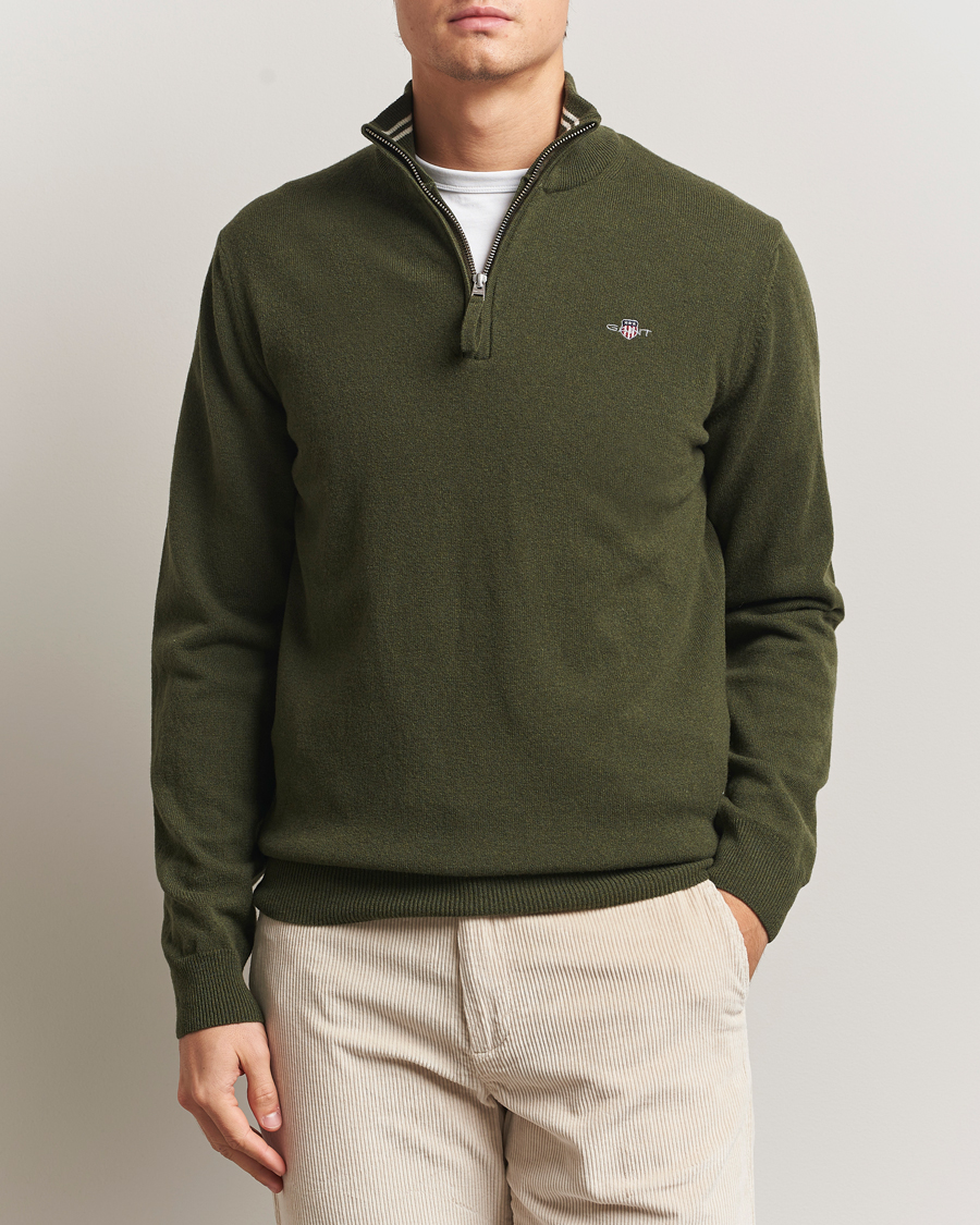 Hombres | Jerséis y prendas de punto | Gant | Superfine Lambswool Half Zip Khaki Green Melange