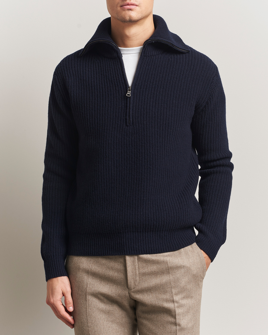 Hombres | Jerséis y prendas de punto | Oscar Jacobson | Mauritz Chunky Wool Half-Zip Navy