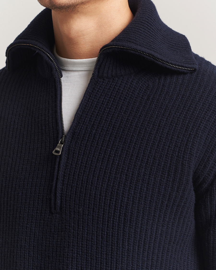 Hombres | Jerséis y prendas de punto | Oscar Jacobson | Mauritz Chunky Wool Half-Zip Navy