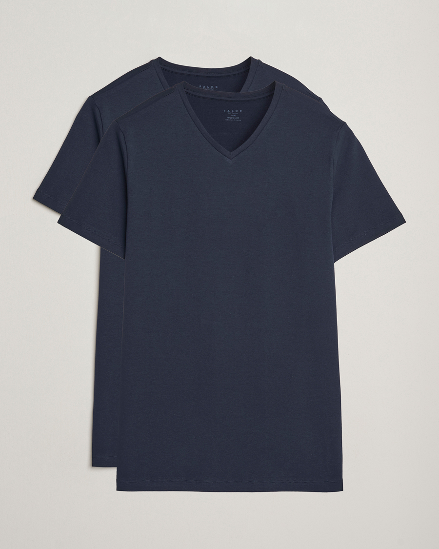 Hombres | Camisetas | Falke | 2-Pack Cotton V-Neck T-Shirt Midnight