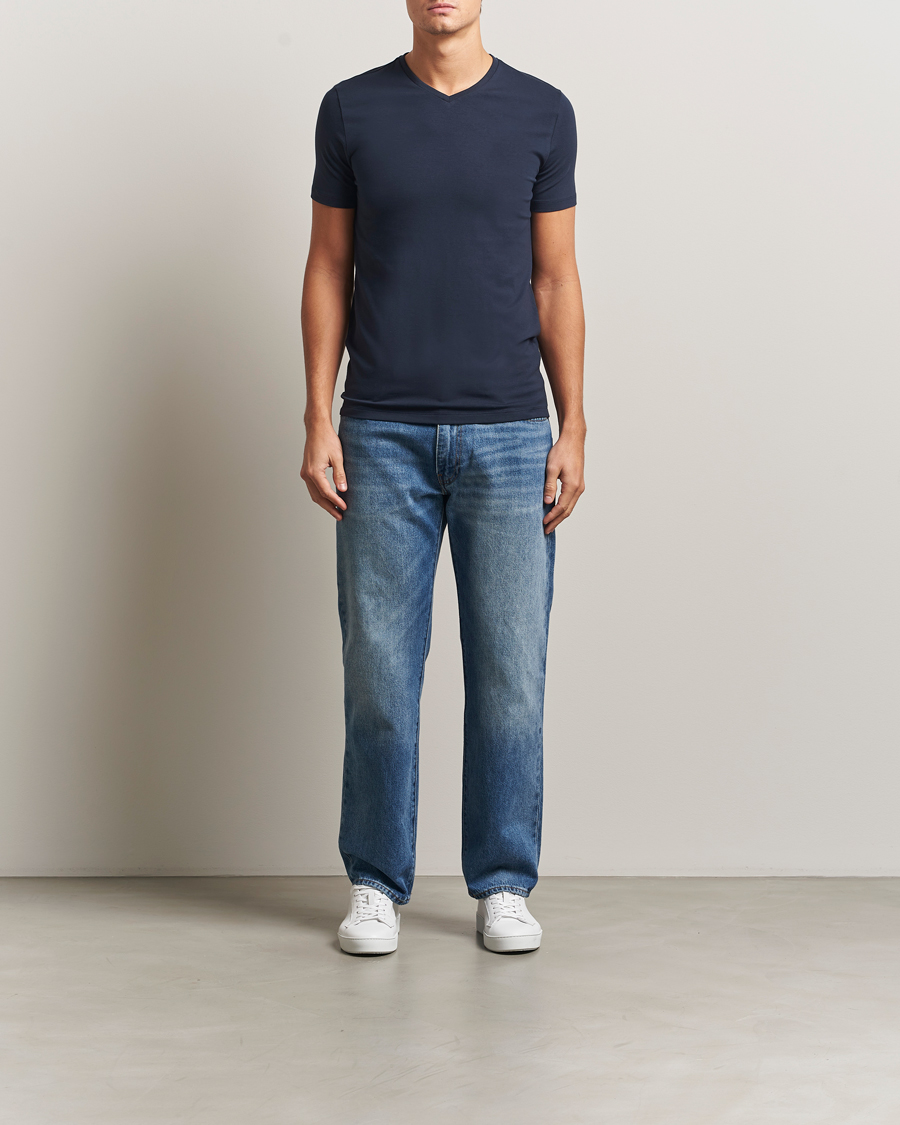 Hombres | Camisetas | Falke | 2-Pack Cotton V-Neck T-Shirt Midnight