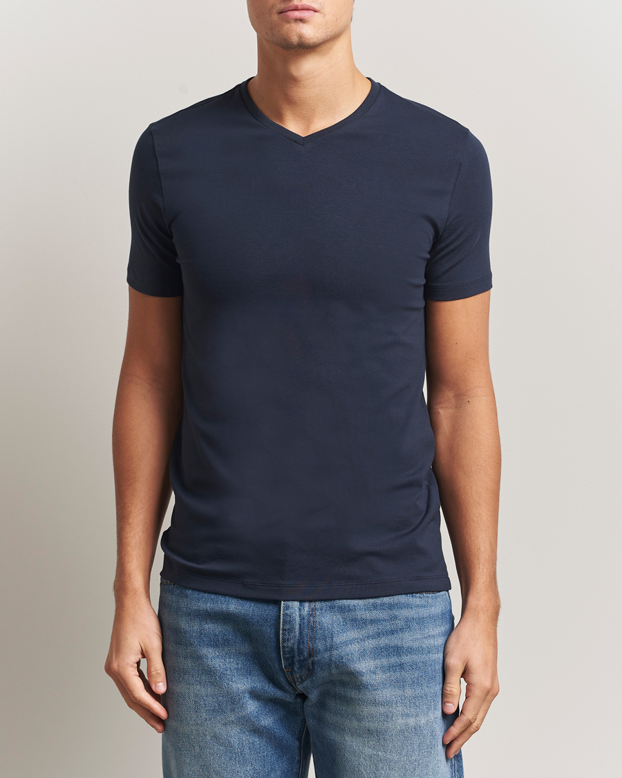 Hombres | Camisetas | Falke | 2-Pack Cotton V-Neck T-Shirt Midnight