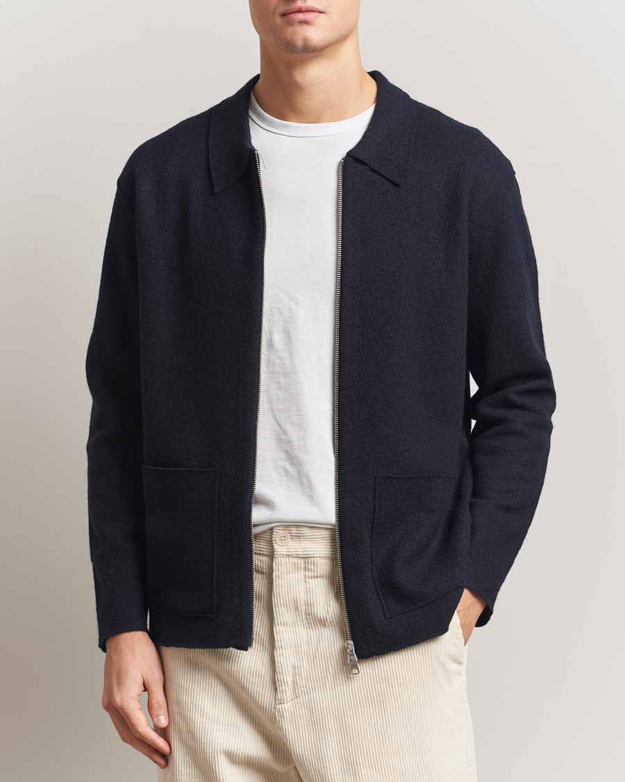 Hombres | Jerséis y prendas de punto | NN07 | Jonas Boiled Wool Full Zip Navy Blue