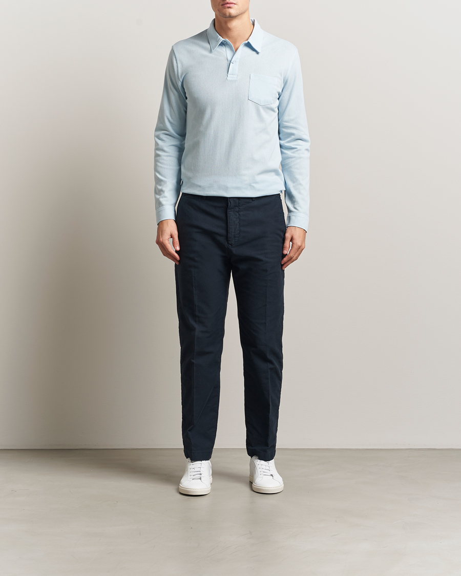 Hombres | Polos | Sunspel | Long Sleeve Riviera Polo Shirt Frost Blue