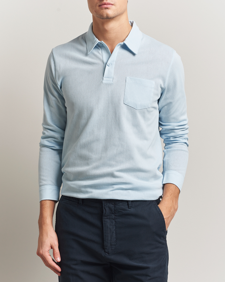 Hombres | Polos | Sunspel | Long Sleeve Riviera Polo Shirt Frost Blue