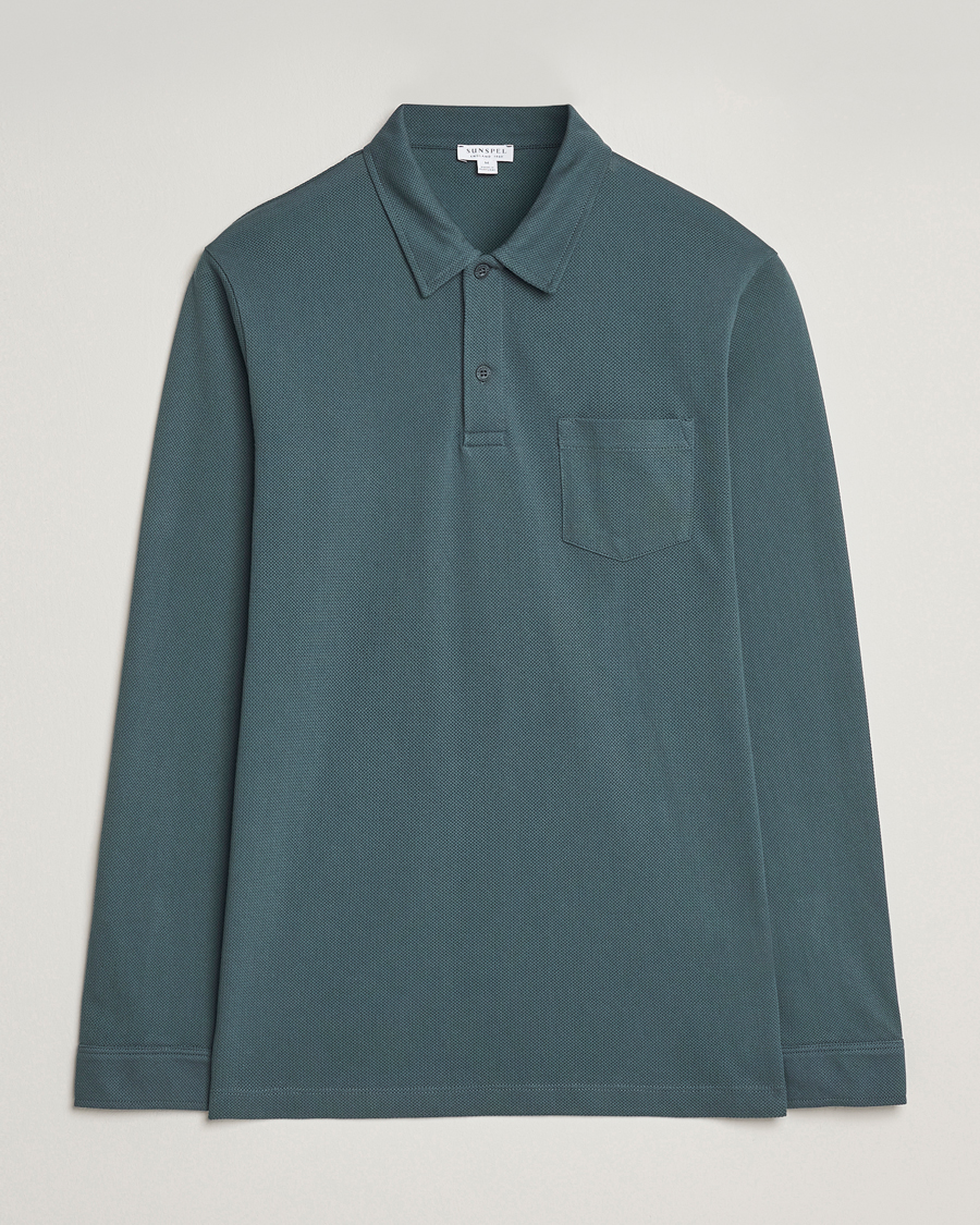 Hombres | Polos | Sunspel | Long Sleeve Riviera Polo Shirt Dark Petrol