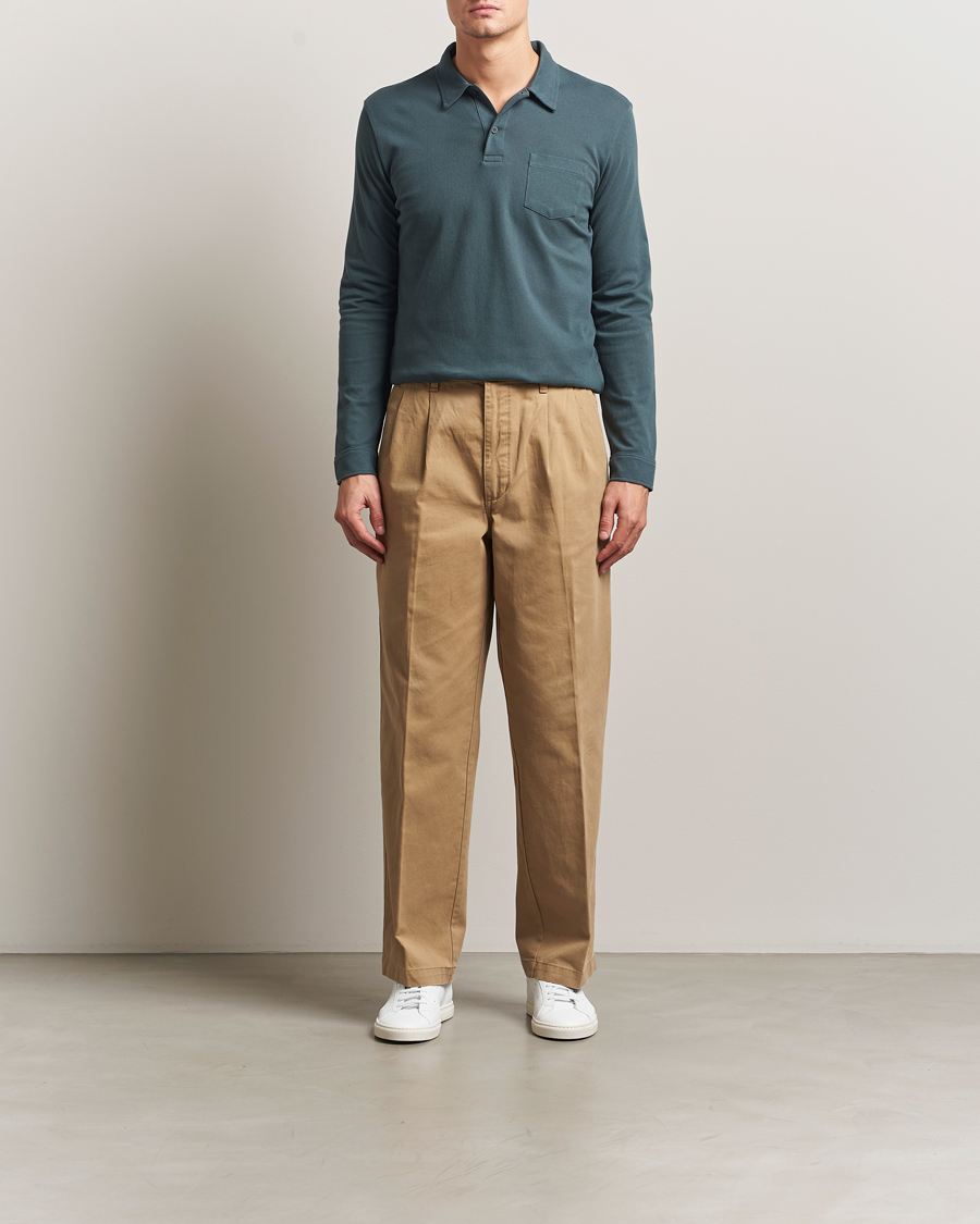 Hombres | Polos | Sunspel | Long Sleeve Riviera Polo Shirt Dark Petrol