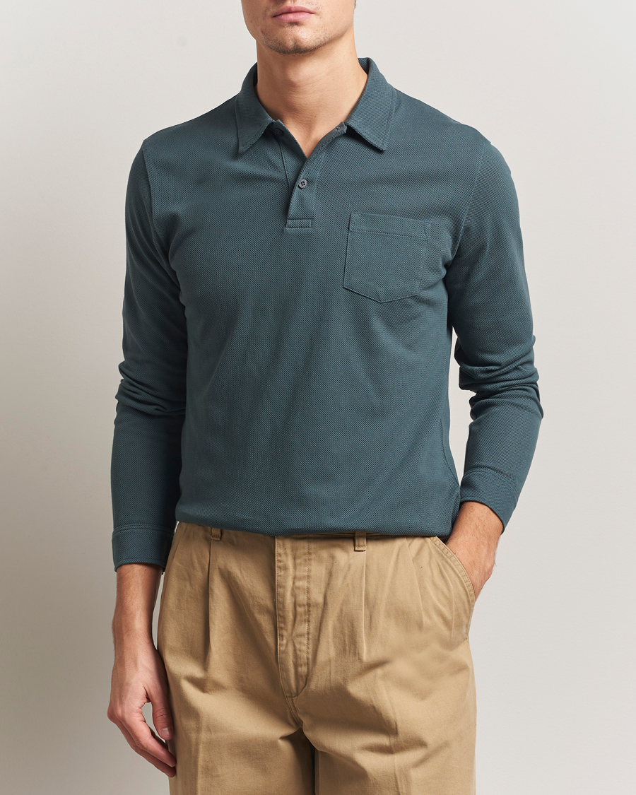 Hombres | Polos | Sunspel | Long Sleeve Riviera Polo Shirt Dark Petrol