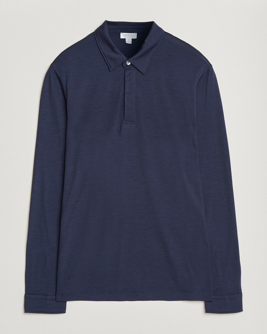 Hombres | Polos | Sunspel | Wool Jersey Long Sleeve Polo Navy