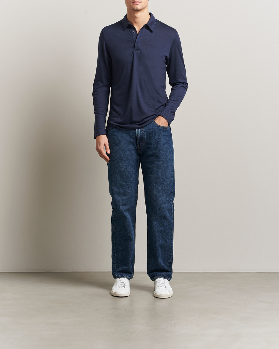 Hombres | Polos | Sunspel | Wool Jersey Long Sleeve Polo Navy
